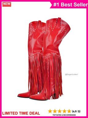 Wide Calf Over The Knee Cowboy Boots Fringe Studded Faux Leather